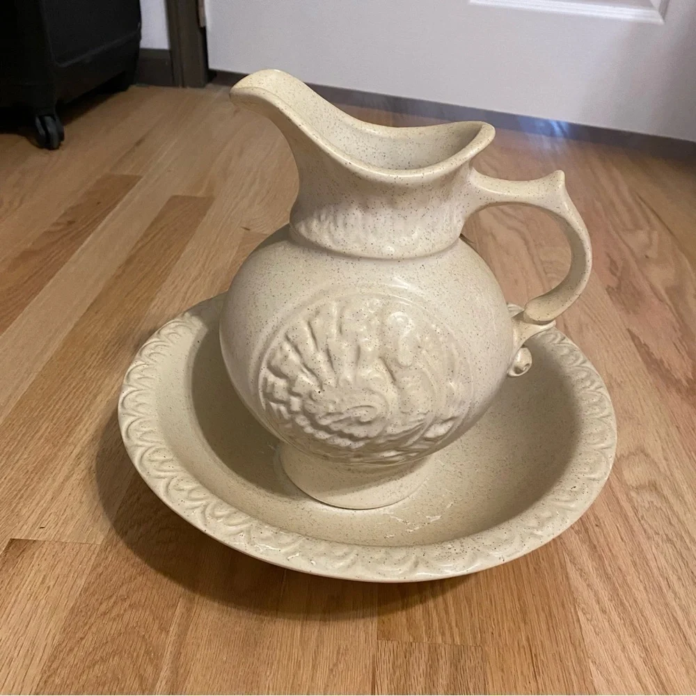 Vintage McCoy Pottery Turkey Pitcher & Bowl Thanksgiving Art Tan Centerpiece